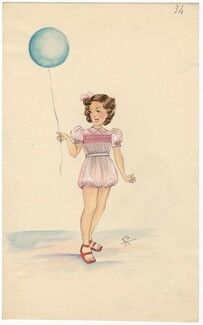 Aux Mille et une Nuits (Fashion Children) 1940s, Original Fashion Drawing, little girl, rompers