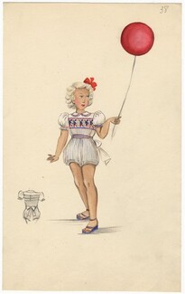 Aux Mille et une Nuits (Fashion Children) 1940s, Original Fashion Drawing, little girl, rompers