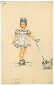 Aux Mille et une Nuits (Fashion Children) 1946 Original Fashion Drawing, little girl, sheep Toys