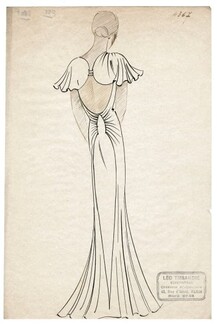 Léo Tissandié 1930s, Original Fashion Drawing, backless Evening Gown