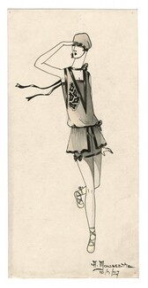 Moussette 1927 Original Fashion Drawing, Lingerie, Beachwear