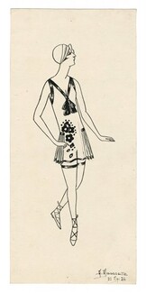 Moussette 1926 Original Fashion Drawing, Beachwear
