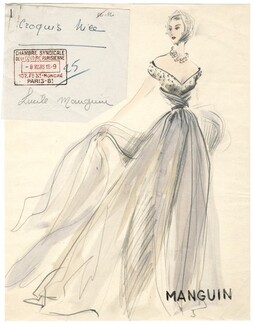 Lucile Manguin 1949 Original Fashion Drawing, Evening Gown