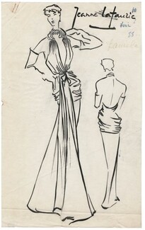 Jeanne Lafaurie 1950s, Original Fashion Drawing, Evening Gown