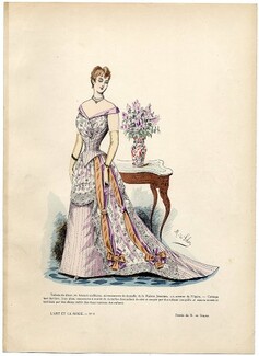 L'Art et la Mode 1891 N°08 Marie de Solar, colored fashion lithograph, Dinner Dress