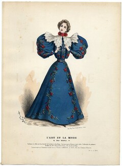 L'Art et la Mode 1895 N°01 Marie de Solar, colored fashion lithograph, Modele de Mme PELLETIER-VlDAL, 19, rue de la Paix.
