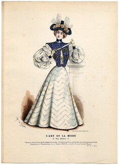 L'Art et la Mode 1895 N°29 Complete magazine with colored fashion engraving by Marie de Solar, Leon Glaize, 20 pages