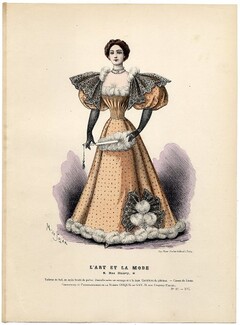 L'Art et la Mode 1895 N°42 Complete magazine with colored fashion engraving by Marie de Solar, Portalez, 20 pages