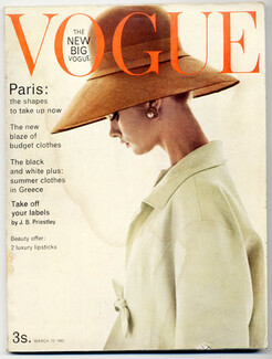 UK Vogue British Magazine 1963 March 15th, Paris portfolio, Carol Lobravico, David Bailey, René Gruau, 136 pages