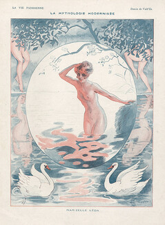 Vald'Es 1918 "La Mythologie Modernisée" Leda, nude, swan