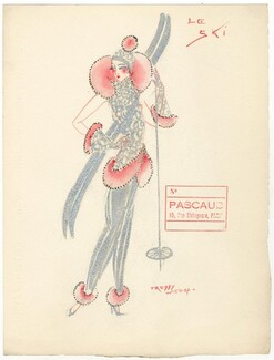 Freddy Wittop 1930s, "Le Ski", Original Costume Design, Gouache, Folies Bergère, Wardrobe Master Pascaud
