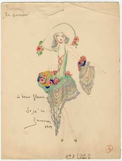 José De Zamora 1929 "L'Heure Fleurie", Original Costume Design, Gouache, "Le Panier", Folies Bergère