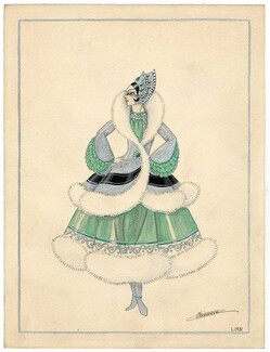 Charles Chieusse 1931 Original Costume Design, Gouache, Coat, Fur, Russian
