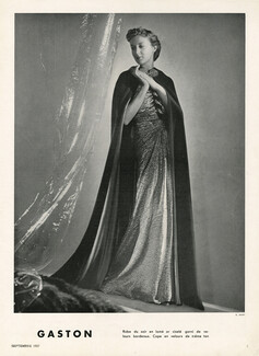 Gaston (Couture) 1937 Evening Dress in gold lame, Velvet Cape, Photo Georges Saad