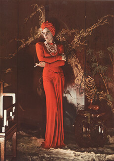 Hattie Carnegie 1940 Red Evening Gown, turban