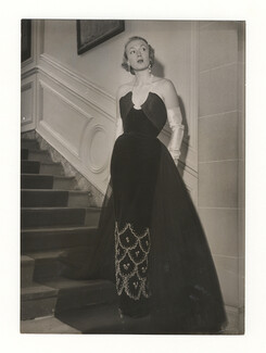 Jacques Fath 1950 Original Fashion Photo Press, Robert Cohen, Evening Gown, Velvet, Strass