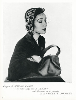 Simone Cange 1950 Feutre Lebrun, Anneaux d'or, Sac de Violette Cornille