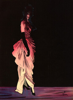 Balenciaga 1946 Evening Gown, Taffetas rose drapé, Dentelle noire, René Gruau