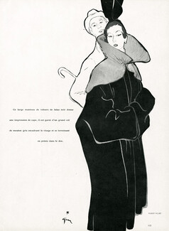 Robert Piguet 1949 Manteau de velours de laine noir, Grand col, René Gruau