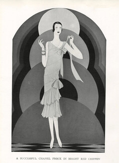 Chanel 1927 Reynaldo Luza, Evening Gown ruffles, red chiffon