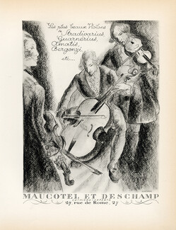 Maucotel & Deschamp (Luthiers) 1928 Violins, Sradivarius, Guarnérius, Amatis, Bergonzi... Lithograph PAN Paul Poiret, Cochet