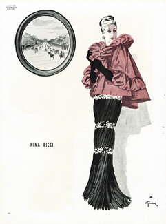 Nina Ricci 1945 Evening Gown, Cape, René Gruau