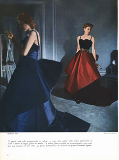 Christian Dior 1948 Robe bleu saphir, Robe satin rouge, Photo H. De Segonzac
