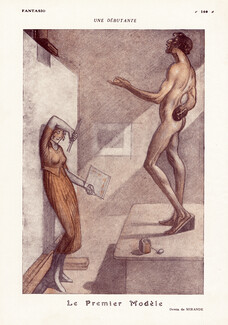 Henry Mirande 1919 "Le Premier Modèle" Model Nude Man, Painter