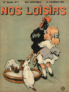 "Nos loisirs" 1909 cover, Dog, Girl, Coq