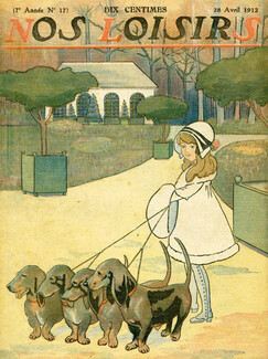 "Nos loisirs" 1912 Cover, Girl, Teckels, Dogs, Dachshund