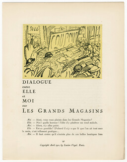Dialogue entre elle et moi sur les Grands Magasins, 1921 - Jean-Emile Laboureur Gazette du Bon Ton, Primavera, Text by Roger Allard, 4 pages