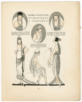 Robes-Coiffures et Manteaux à Capuchons - De la Beauté, 1920 - Marthe Romme Gazette du Bon Ton, Hats, Lace, Hooded Coats, Text by Émile Henriot, 4 pages