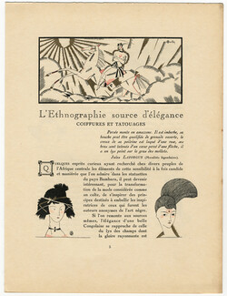 L'Éthnographie source d'élégance - Coiffures et Tatouages, 1920 - Charles Martin Gazette du Bon Ton, Hairstyle, Tattoo, Texte par Pierre Mac Orlan, 4 pages