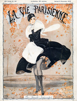 Georges Léonnec 1915 "Les Feuilles Indiscrètes" Elegant, Autumn Leaves, Stockings Hosiery
