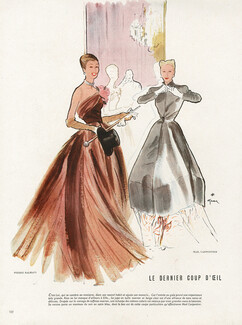 René Gruau 1946 Balmain & Mad Carpentier, Evening Gown, Strapless, Evening Coat
