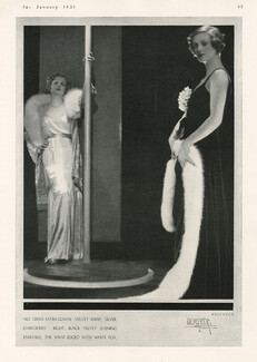 Molyneux 1931 Green Satin Gown, Silver Embroidery, Black Velvet, White Fox, Photo Demeyer