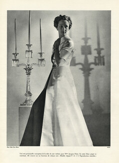 Jacques Heim 1934 Mrs Jacques Heim (model) green velvet dress, White Satin Gown, Photo Dora Maar
