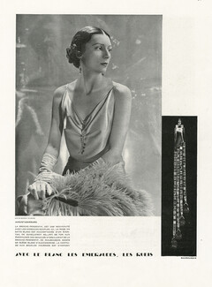Mauboussin 1930 Earrings, Pendant Brooch Emeralds, Dress Augustabernard, Hand Fan, Duvelleroy, Photo George Hoyningen-Huene