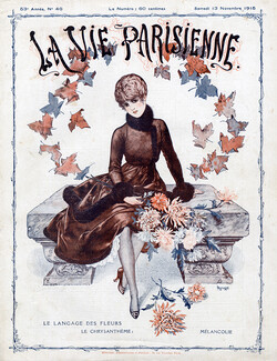 Hérouard 1915 "Le Langage des fleurs" Chrysanthemum, Elegant Parisienne, autumn