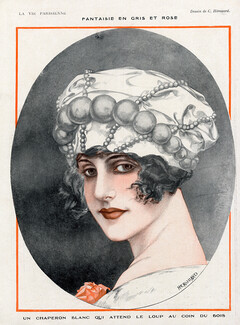 Hérouard 1920 "Fantaisie en Gris et Rose" Portrait, Millinery