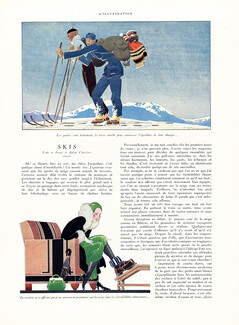 Skis, 1931 - René Vincent Skiing Winter Sports 6 Illustrated Pages, Text by René Vincent, 6 pages