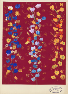 Gustave Bourgogne (1888-1968) "Fleurs sur fond noir", Original Gouache, Fabric Project, Studio Stamp