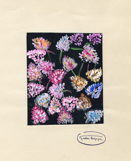 Gustave Bourgogne (1888-1968) "Fleurs sur fond noir", Original Gouache, Fabric Project, Studio Stamp