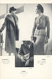 Costume, sac et gants Hermès, Manteau de voyage Schiaparelli 1937 Photo Luigi Diaz