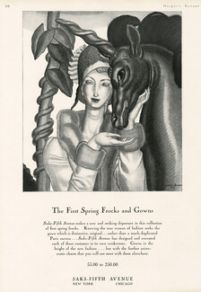 Saks Fifth Avenue 1930 Jean Dupas, Fashion Illustration, Licorne, Mythical Unicorn