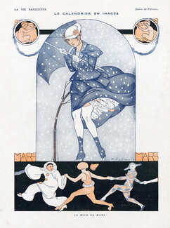 Fabien Fabiano 1916 Calendar, ''Le Mois de Mars'' (March) Sexy Girl Umbrella, Showers