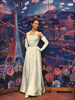 Christian Dior (circa) 1950 Robe du soir en satin blanc, paravent de Raoul Dufy