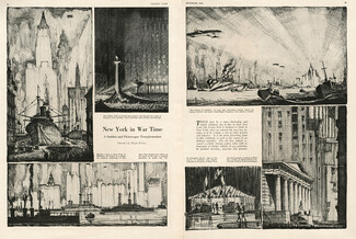New York in War Time 1918 Hugh Ferriss, The Plaza, New York Harbor, Columbus Circle, The Sub-treasury building in Wall St