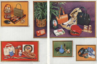 Henry a la Pensée, Hermès (Cave à liqueurs) Innovation (Handbag) Sylvia Meyer (Scarf), Lucienne Offenthal (Handbag) 1957 3 illustrated pages, 3 pages