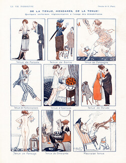 Georges Pavis 1919 "Tenue de soirée, Tenue de Campagne, de Corvée, Mauvaise Tenue" French Bulldog, Comic Strip